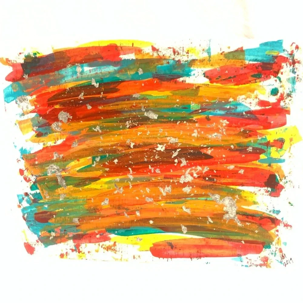 Red, olive, teal, yellow & orange ORIGINAL 9x12